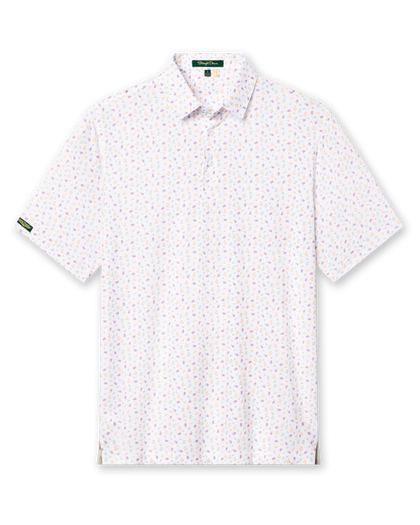 Men's Pimento Cheese Polo in White, flat lay front view featuring a white base with a scattered golf, sandwich, and drink print in purple, teal, and orange, with Straight Down logo patch visible on sleeve