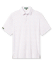Men's Pimento Cheese Polo in White, flat lay front view featuring a white base with a scattered golf, sandwich, and drink print in purple, teal, and orange, with Straight Down logo patch visible on sleeve
