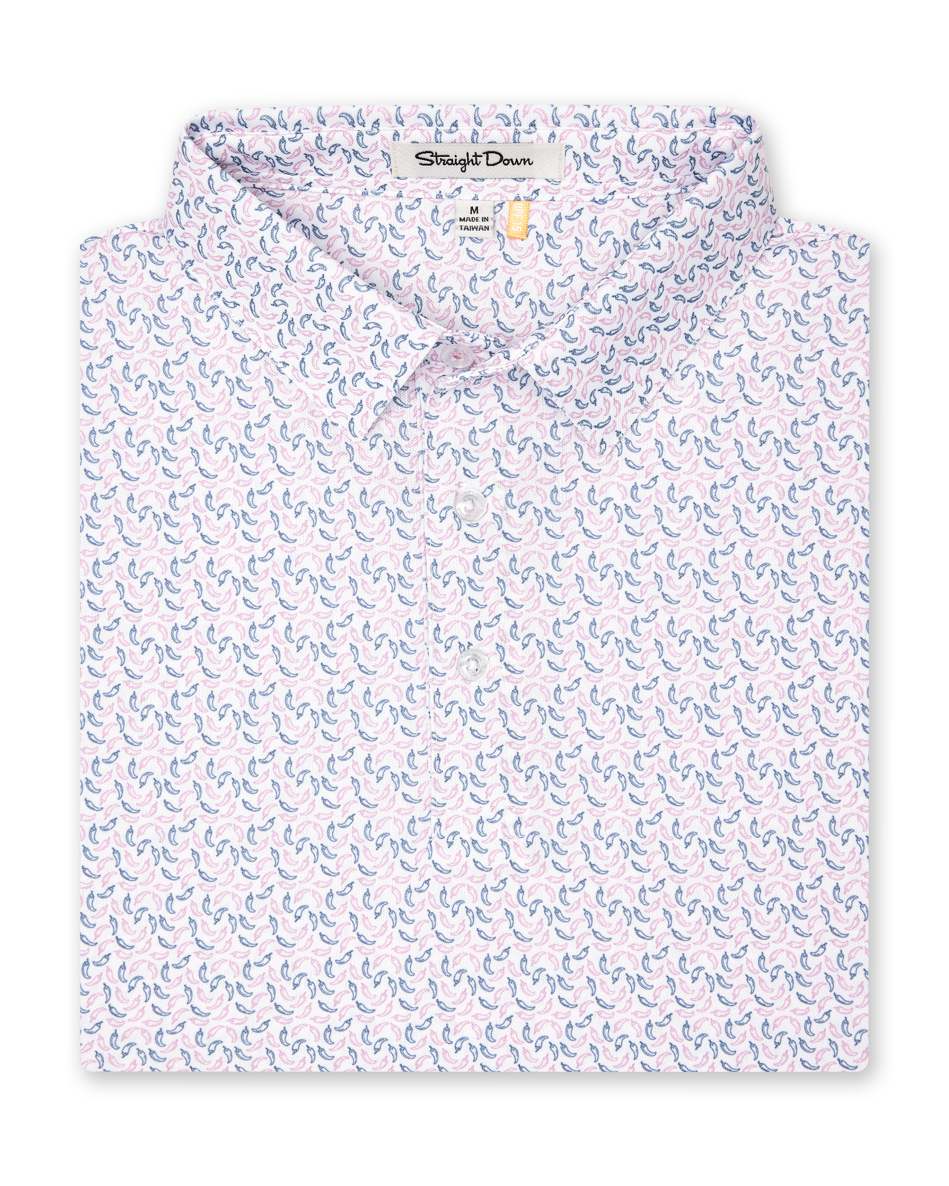 Folded Hot Shot Polo showing chili pepper print and structured collar detail