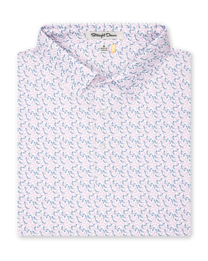 Folded Hot Shot Polo showing chili pepper print and structured collar detail