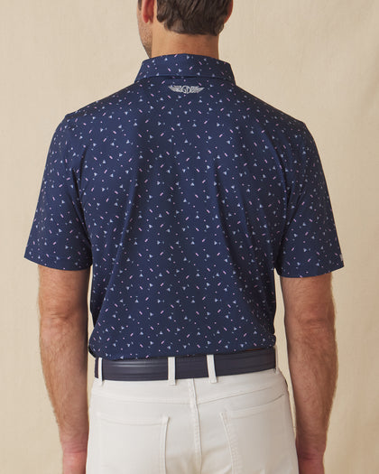 Men’s navy martini print polo shirt, back view