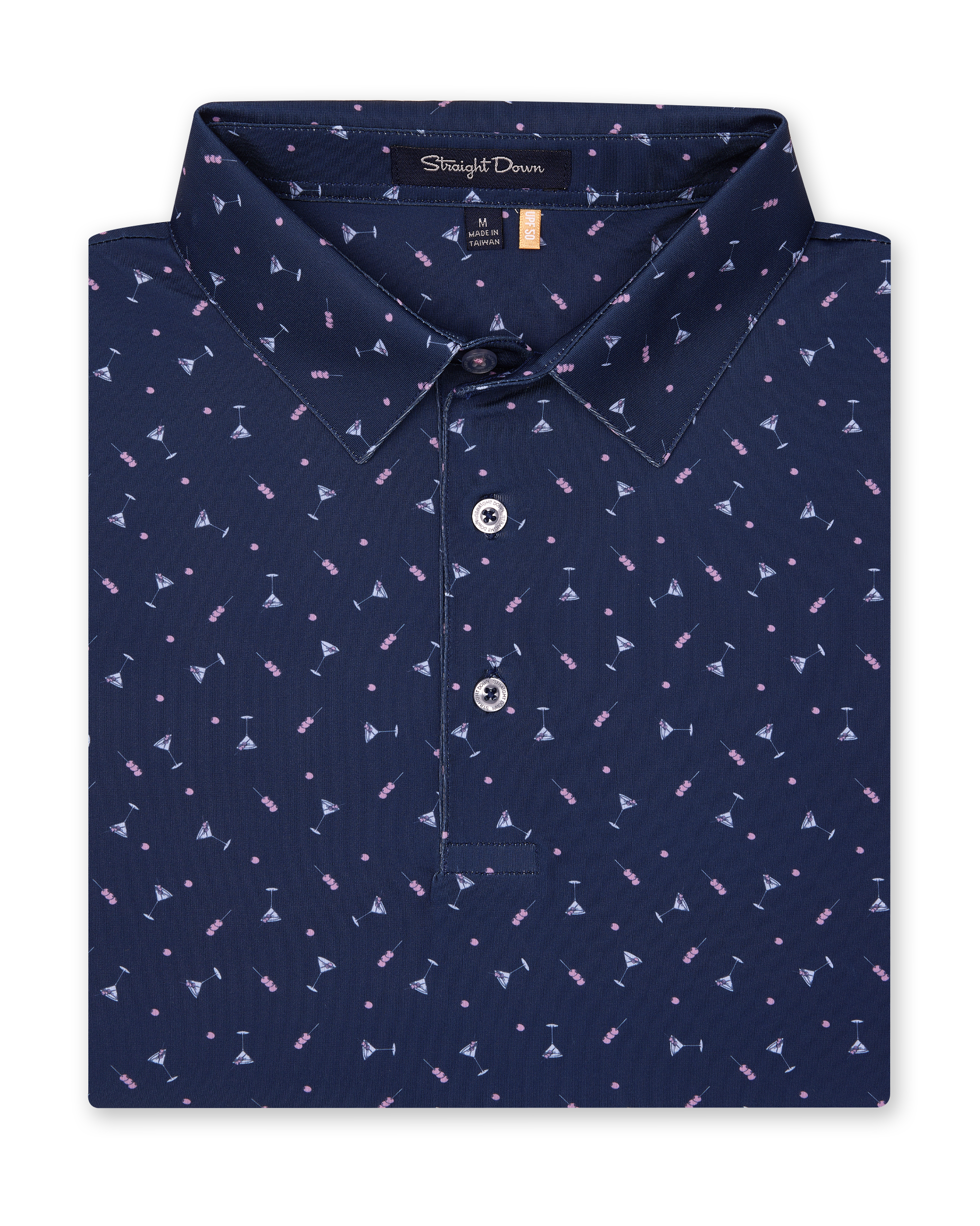 Men’s navy polo shirt with martini print, folded with classic collar and button placket