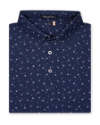 Men’s navy polo shirt with martini print, folded with classic collar and button placket