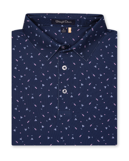 Men’s navy polo shirt with martini print, folded with classic collar and button placket