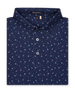 Men’s navy polo shirt with martini print, folded with classic collar and button placket