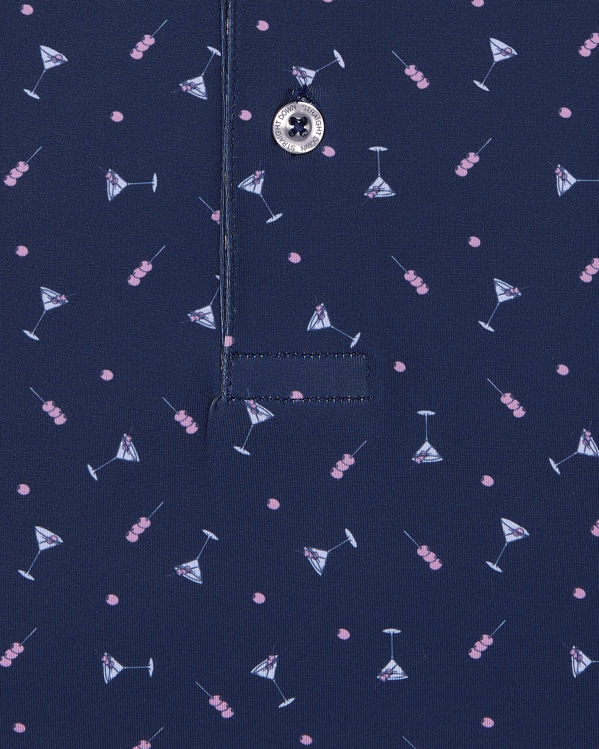 Close-up of navy polo fabric with martini print pattern