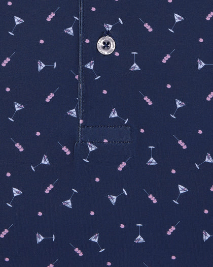 Close-up of navy polo fabric with martini print pattern