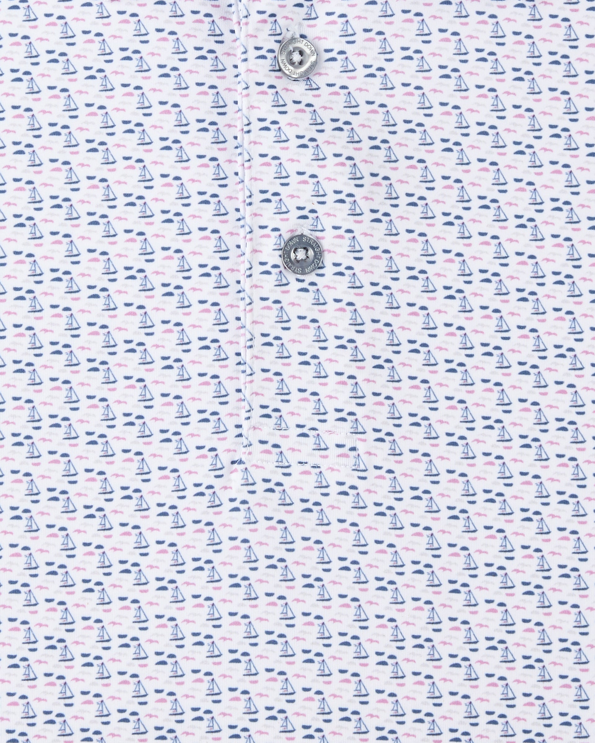 Harbor Club Polo in Moonlight, sailboat print fabric detail close-up view