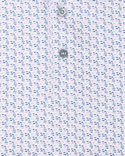Harbor Club Polo in Moonlight, sailboat print fabric detail close-up view