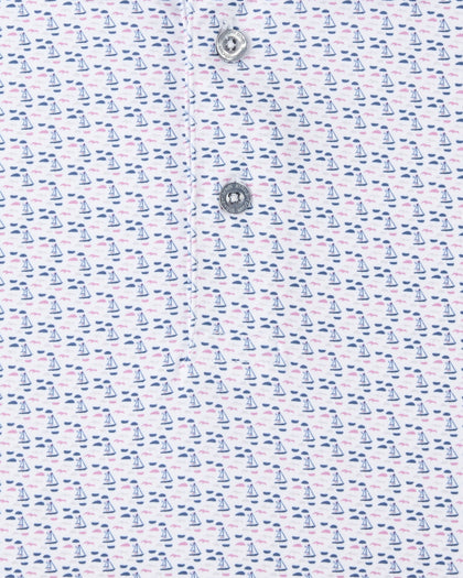 Harbor Club Polo in Moonlight, sailboat print fabric detail close-up view