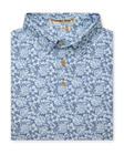 Men's Lihu'e Polo in Sea Spray, folded flat lay front view featuring a light blue short sleeve polo with an allover navy hibiscus flower and monstera leaf print, with a Straight Down Designed with Aloha label at the collar and natural wood-tone buttons