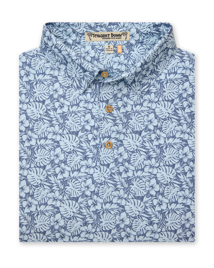 Men's Lihu'e Polo in Sea Spray, folded flat lay front view featuring a light blue short sleeve polo with an allover navy hibiscus flower and monstera leaf print, with a Straight Down Designed with Aloha label at the collar and natural wood-tone buttons