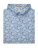Men's Lihu'e Polo in Sea Spray, folded flat lay front view featuring a light blue short sleeve polo with an allover navy hibiscus flower and monstera leaf print, with a Straight Down Designed with Aloha label at the collar and natural wood-tone buttons