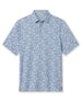 Men's Lihu'e Polo in Sea Spray, flat lay front view featuring a light blue short sleeve polo with an allover navy hibiscus flower and monstera leaf print