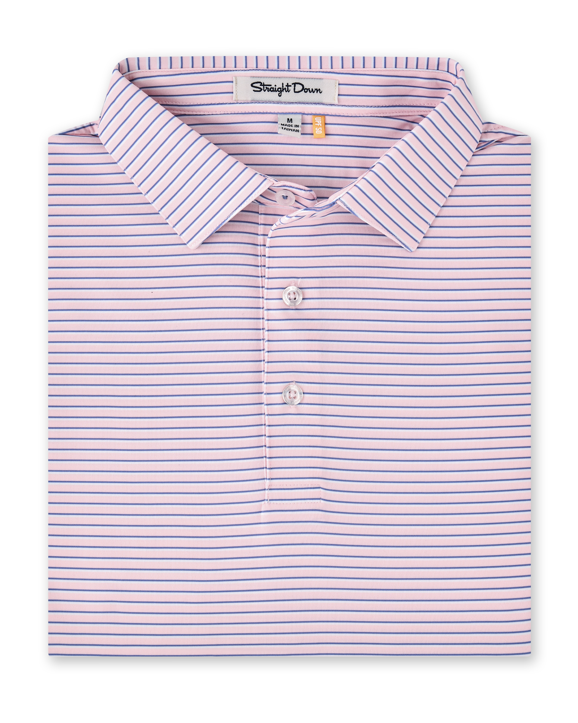 Folded product view of the Channel Stripe Polo in Seashell, featuring a light pink base with thin blue horizontal stripes and a three-button placket.
