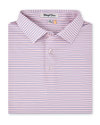 Folded product view of the Channel Stripe Polo in Seashell, featuring a light pink base with thin blue horizontal stripes and a three-button placket.