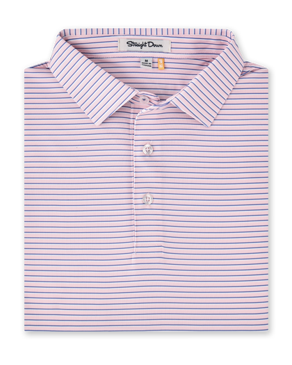 Folded product view of the Channel Stripe Polo in Seashell, featuring a light pink base with thin blue horizontal stripes and a three-button placket.