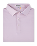 Folded product view of the Channel Stripe Polo in Seashell, featuring a light pink base with thin blue horizontal stripes and a three-button placket.