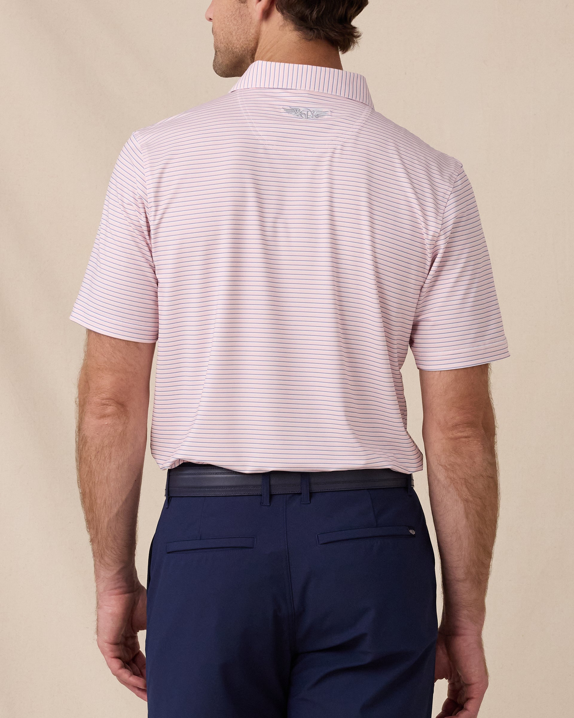 Back view of a male model wearing the Channel Stripe Polo in Seashell, showing the striped pattern and embroidered logo below the collar.