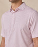 Close-up front view of the Channel Stripe Polo in Seashell, highlighting the fine blue stripes, collar, and button placket.