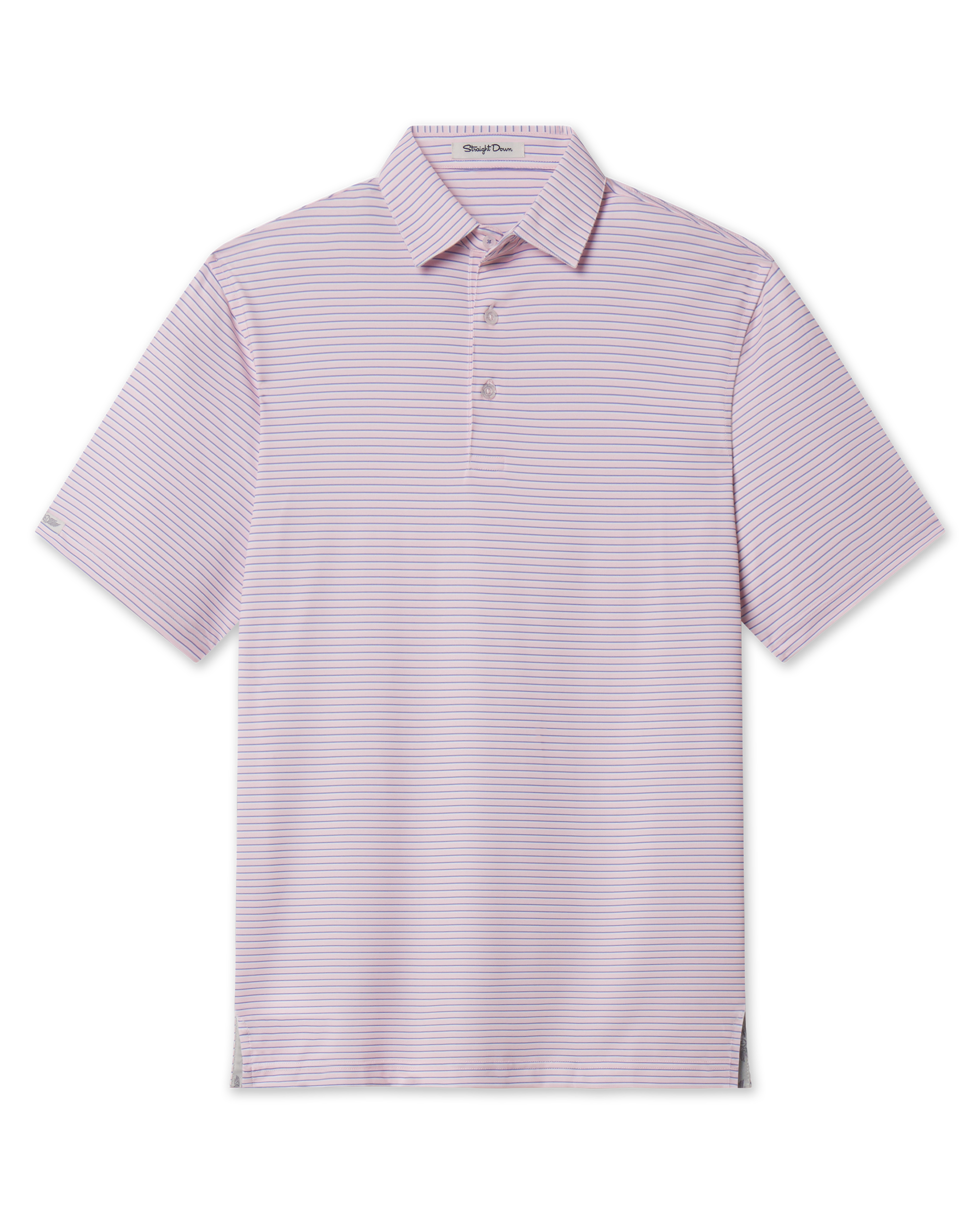 Front product view of the Channel Stripe Polo in Seashell, featuring a light pink base, thin blue horizontal stripes, short sleeves, and a three-button placket.