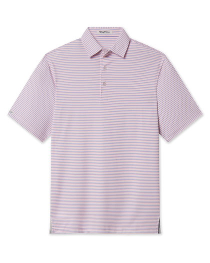 Front product view of the Channel Stripe Polo in Seashell, featuring a light pink base, thin blue horizontal stripes, short sleeves, and a three-button placket.