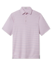 Front product view of the Channel Stripe Polo in Seashell, featuring a light pink base, thin blue horizontal stripes, short sleeves, and a three-button placket.