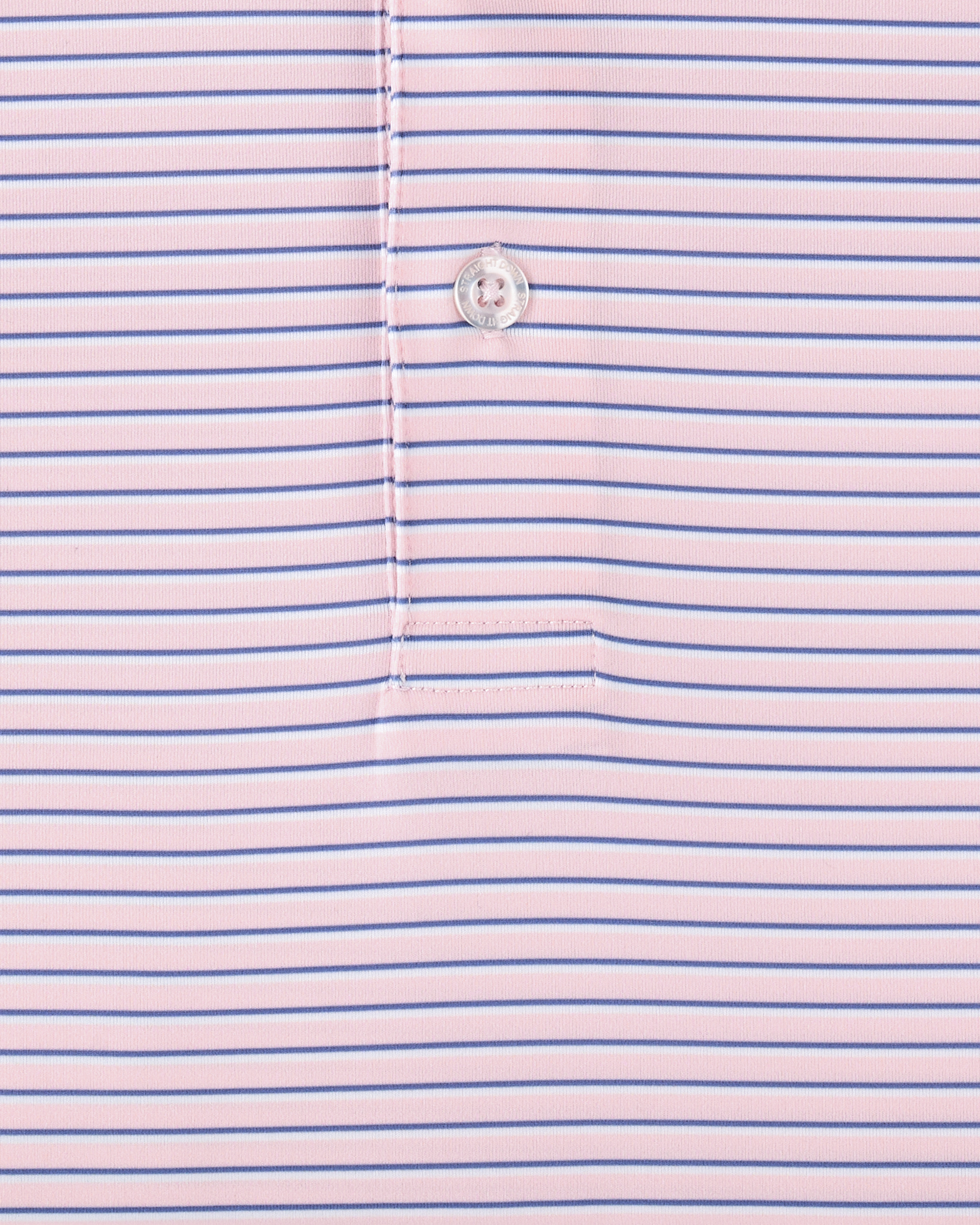 Close-up of the Channel Stripe Polo in Seashell, highlighting the fine blue stripe pattern, button, and placket construction.
