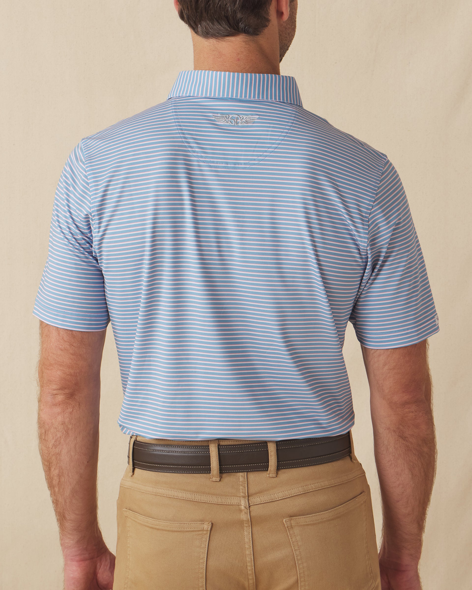 Men's Channel Stripe Polo in Coastal, back model view featuring a light blue short sleeve polo with horizontal pink and white stripes, with an embroidered Straight Down logo at the back collar