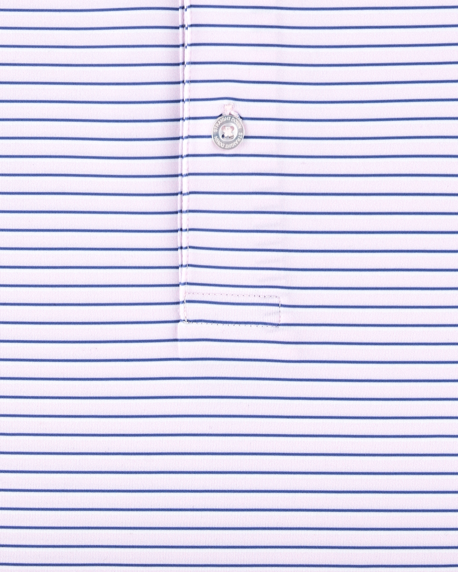 Channel Stripe Polo in Lilac/Tidal, close-up front view highlighting the light pink, white, and navy fine horizontal stripe fabric and Straight Down branded button hardware detail