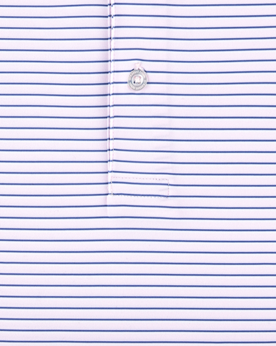 Channel Stripe Polo in Lilac/Tidal, close-up front view highlighting the light pink, white, and navy fine horizontal stripe fabric and Straight Down branded button hardware detail