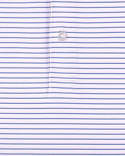 Channel Stripe Polo in Lilac/Tidal, close-up front view highlighting the light pink, white, and navy fine horizontal stripe fabric and Straight Down branded button hardware detail