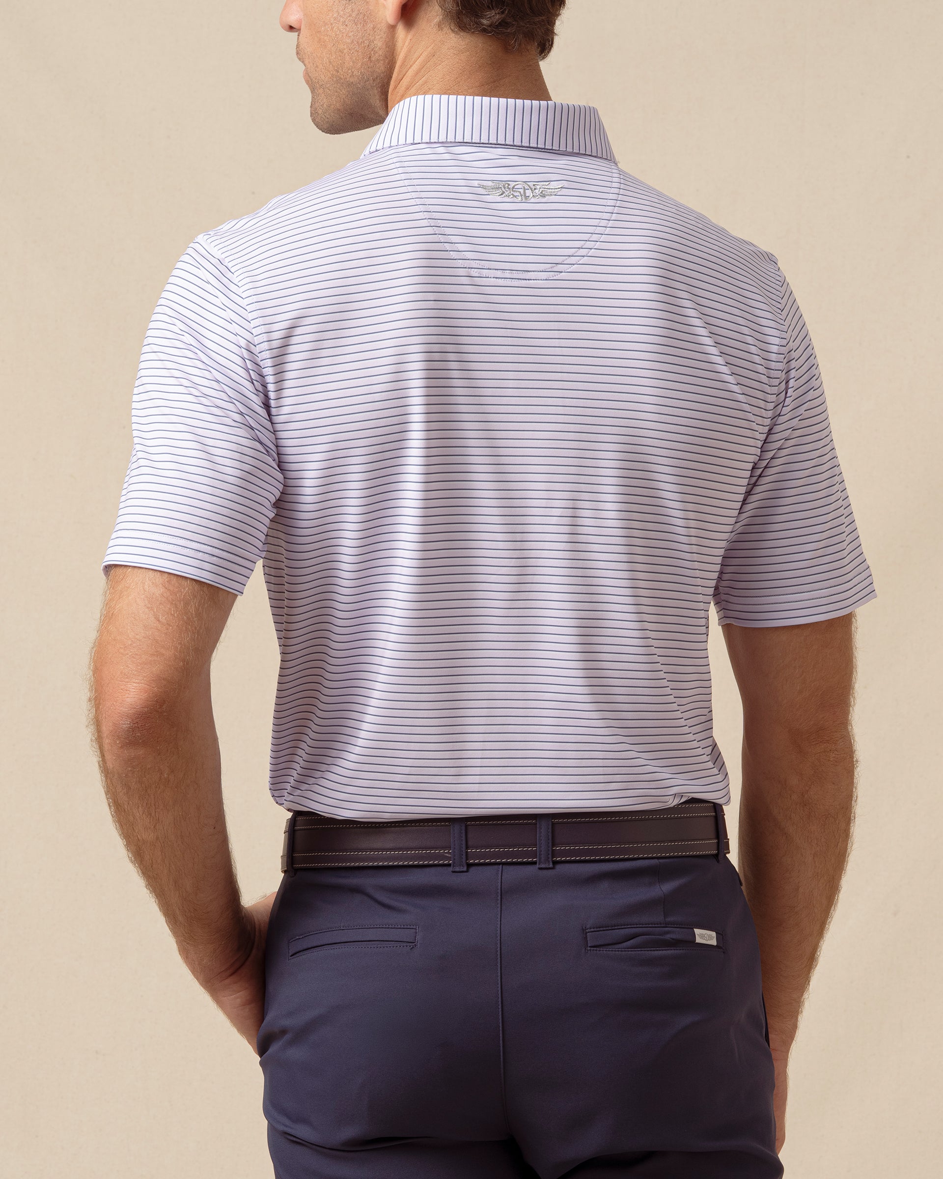 Back view of men’s lilac short sleeve polo with fine horizontal stripes