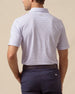 Back view of men’s lilac short sleeve polo with fine horizontal stripes