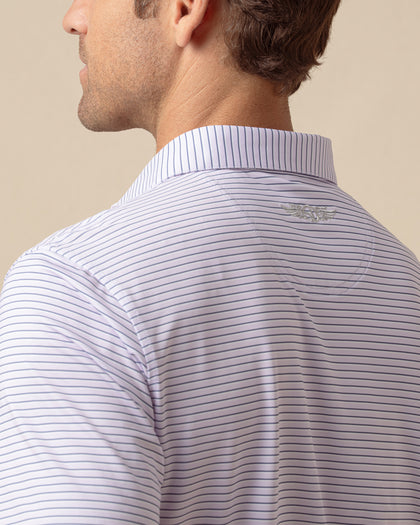 Back shoulder detail of lilac striped polo with embroidered logo below the collar