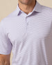 Close-up of men’s lilac polo with thin horizontal stripe pattern and button placket