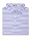 Folded lilac striped polo showing collar, three-button placket, and fine navy horizontal stripe pattern