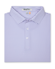 Folded lilac striped polo showing collar, three-button placket, and fine navy horizontal stripe pattern