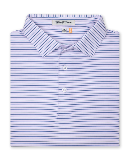 Folded lilac striped polo showing collar, three-button placket, and fine navy horizontal stripe pattern