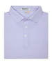 Folded lilac striped polo showing collar, three-button placket, and fine navy horizontal stripe pattern