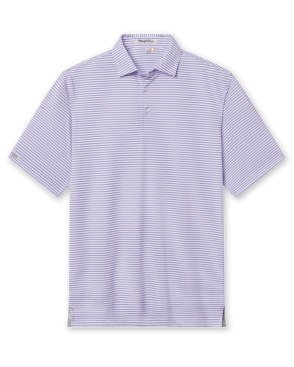 Men’s lilac micro-stripe polo shirt with navy horizontal stripes, short sleeves, and a three-button placket