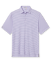 Men’s lilac micro-stripe polo shirt with navy horizontal stripes, short sleeves, and a three-button placket