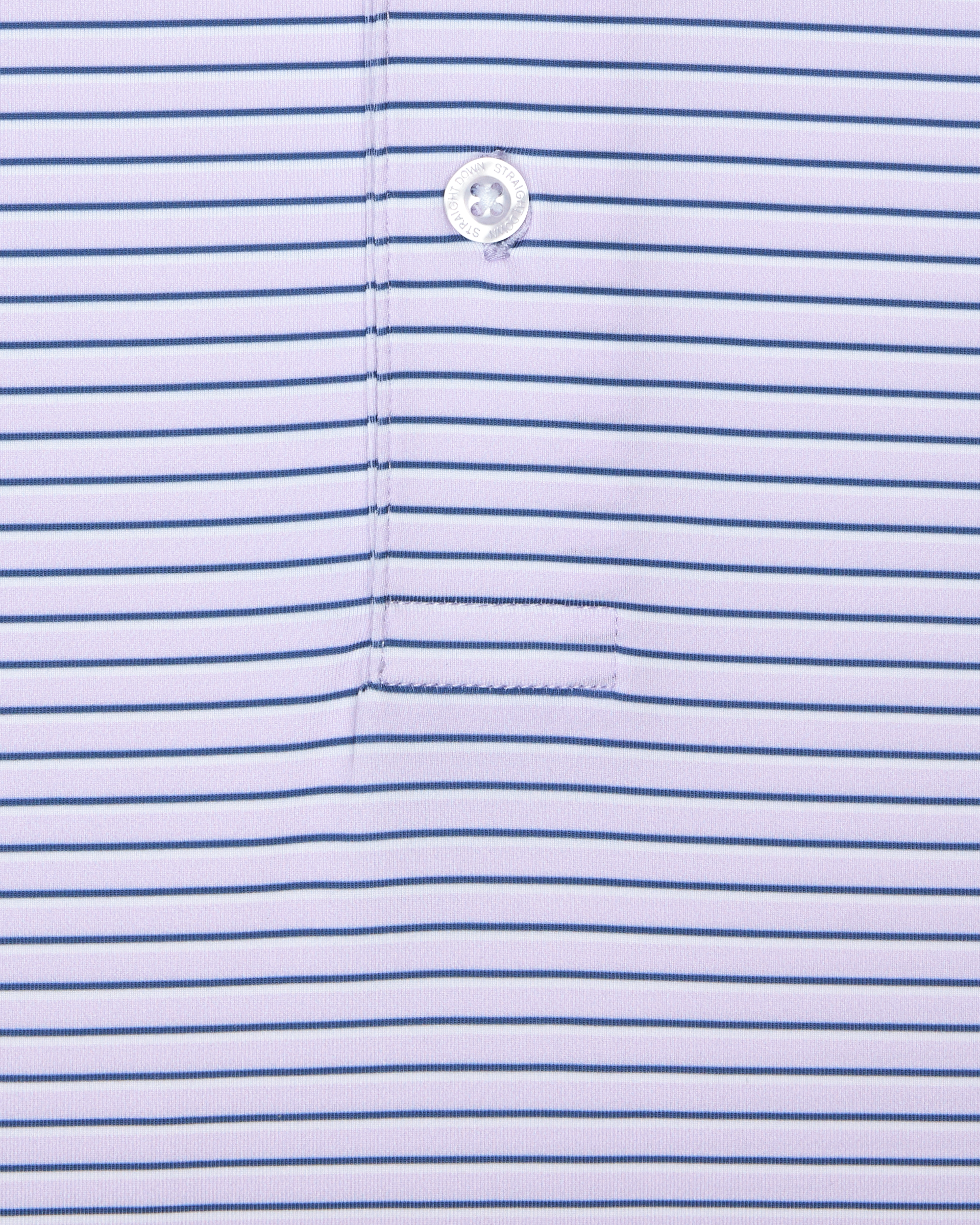 Close-up of lilac polo fabric with fine navy horizontal stripes and button placket detail