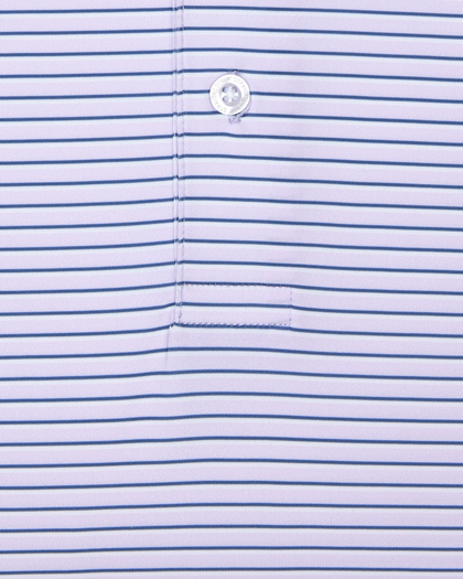 Close-up of lilac polo fabric with fine navy horizontal stripes and button placket detail