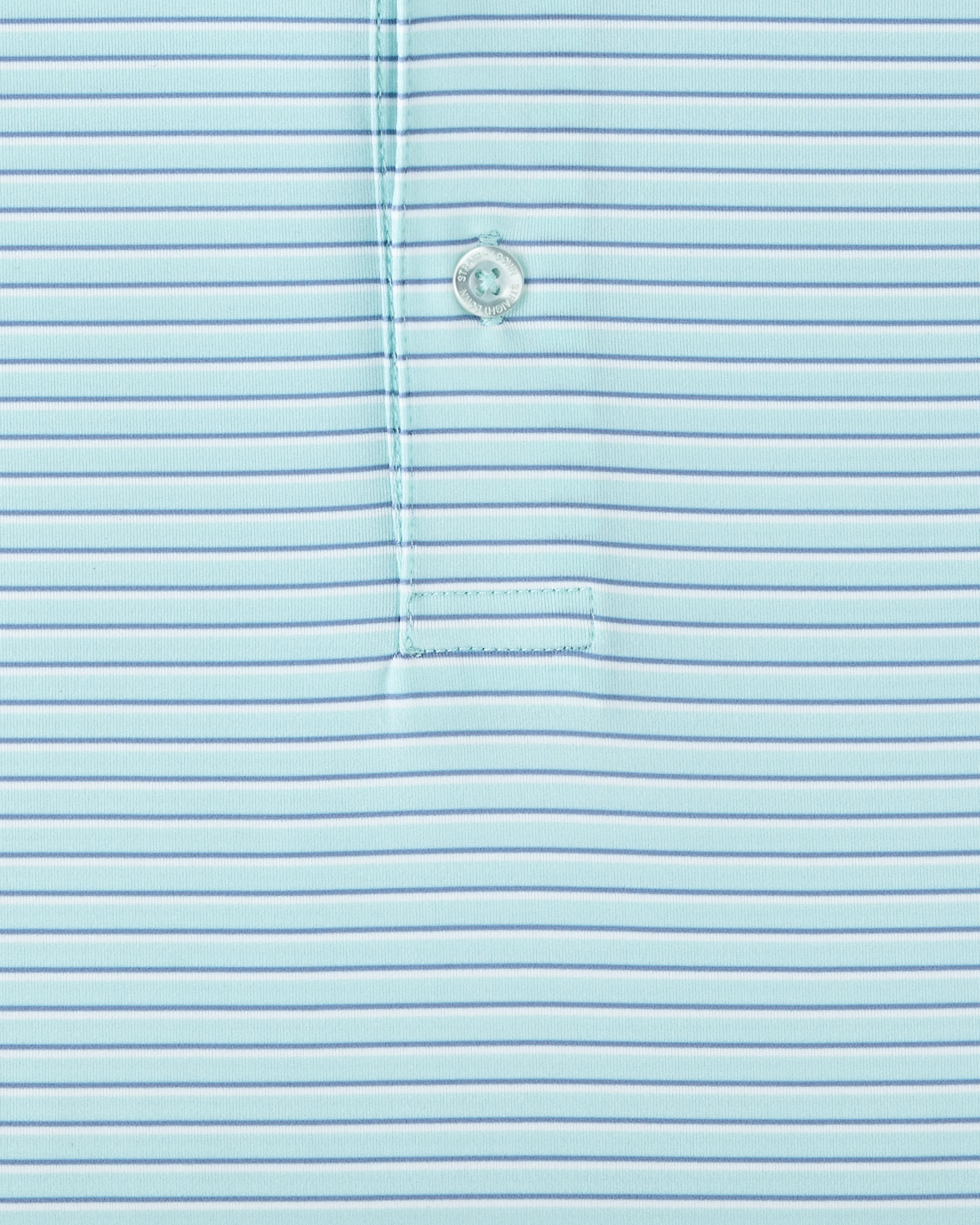 Channel Stripe Polo in Mint Tea, close-up front view highlighting the light mint and blue fine horizontal stripe fabric and Straight Down branded button hardware detail
