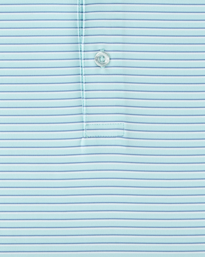 Channel Stripe Polo in Mint Tea, close-up front view highlighting the light mint and blue fine horizontal stripe fabric and Straight Down branded button hardware detail