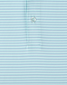 Channel Stripe Polo in Mint Tea, close-up front view highlighting the light mint and blue fine horizontal stripe fabric and Straight Down branded button hardware detail