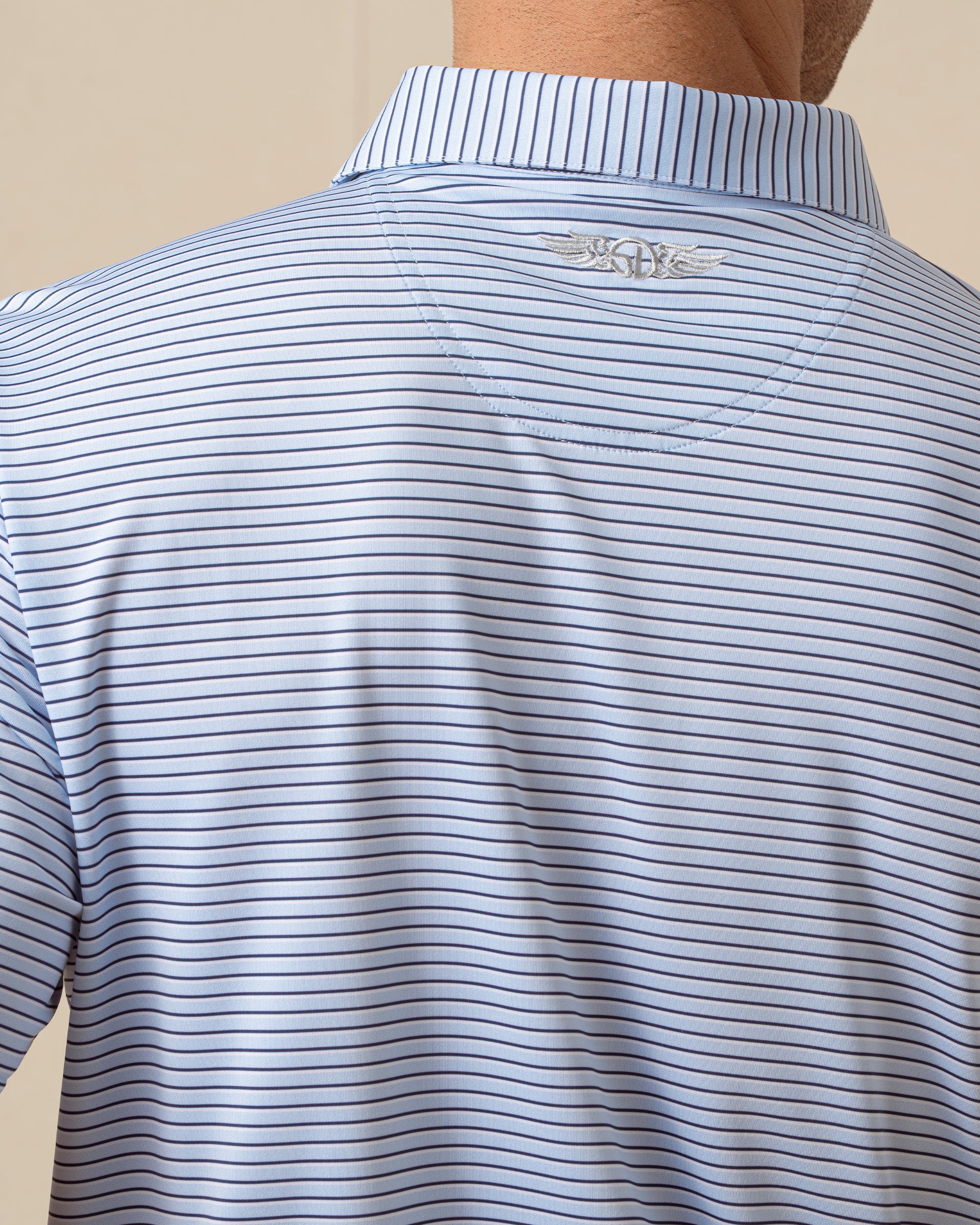 Channel Stripe Polo in Nantucket, back logo detail view