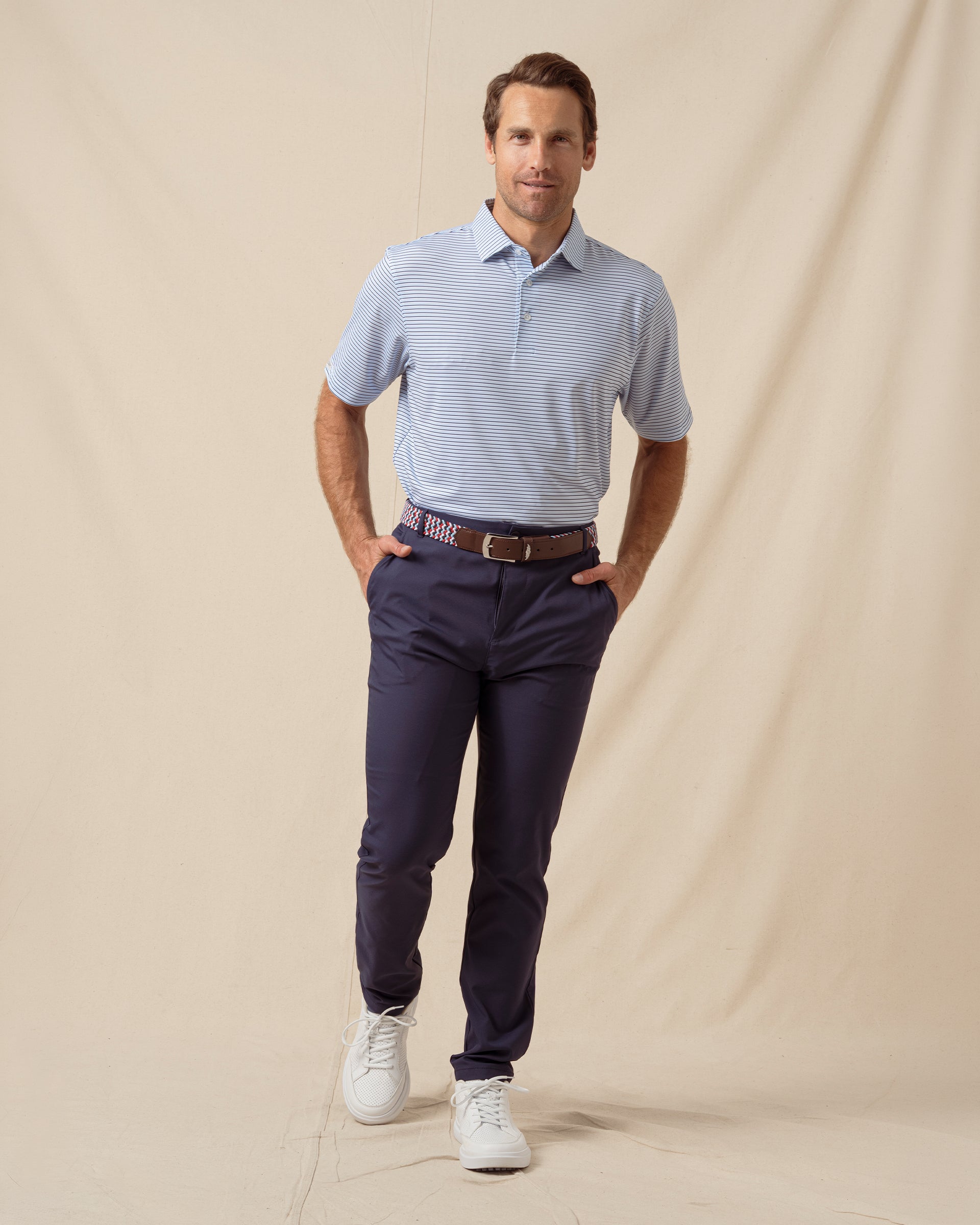 Channel Stripe Polo in Nantucket, full outfit model view styled with dark pants