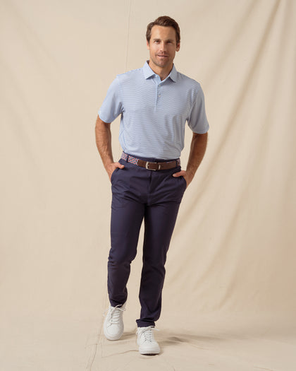 Channel Stripe Polo in Nantucket, full outfit model view styled with dark pants